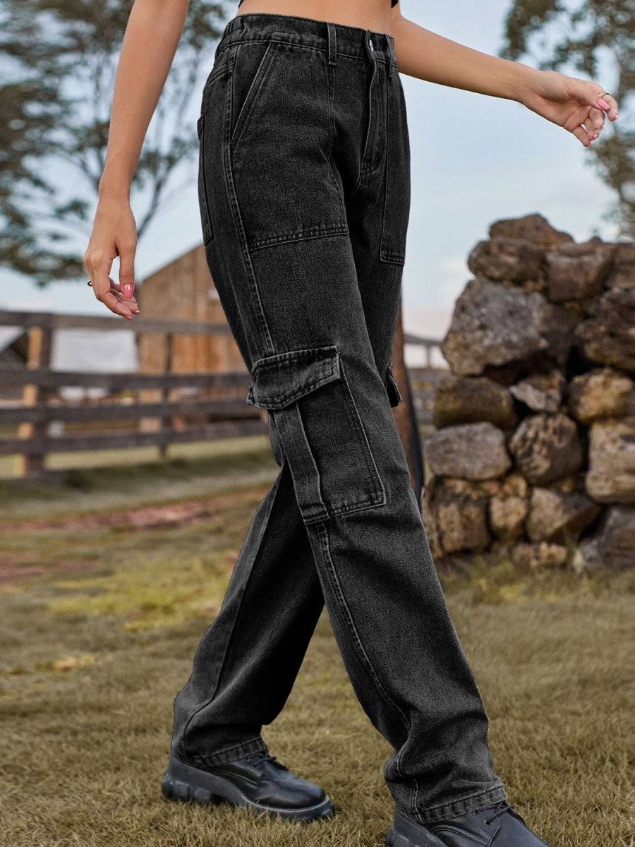 High Waist Cargo Jeans - Bottoms Sale