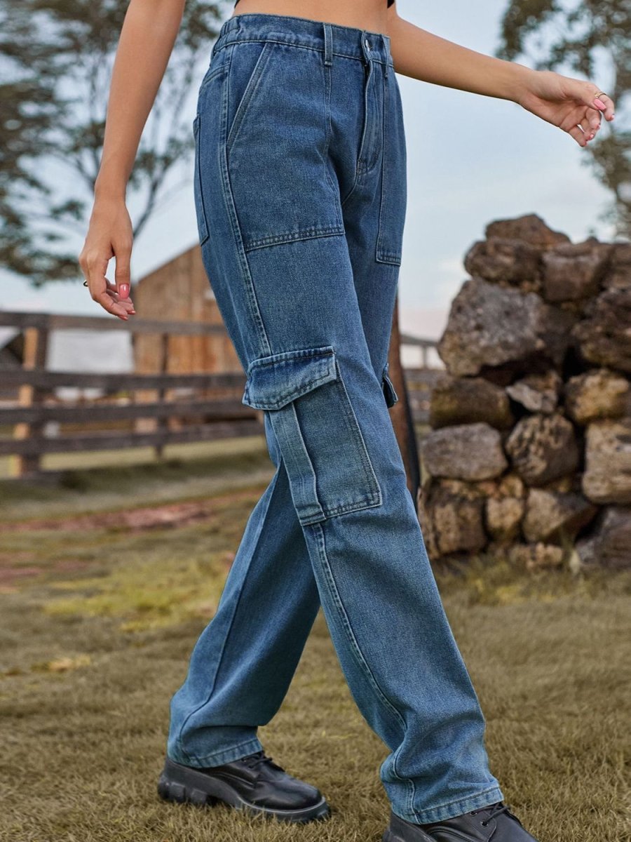 High Waist Cargo Jeans - Bottoms Sale