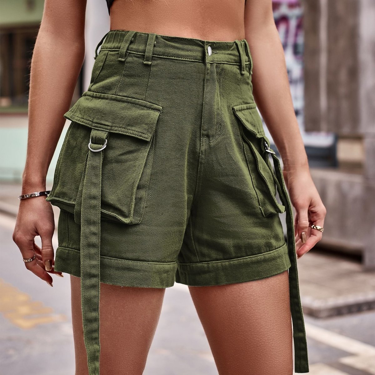 High Waist Denim Cargo Shorts - Bottoms