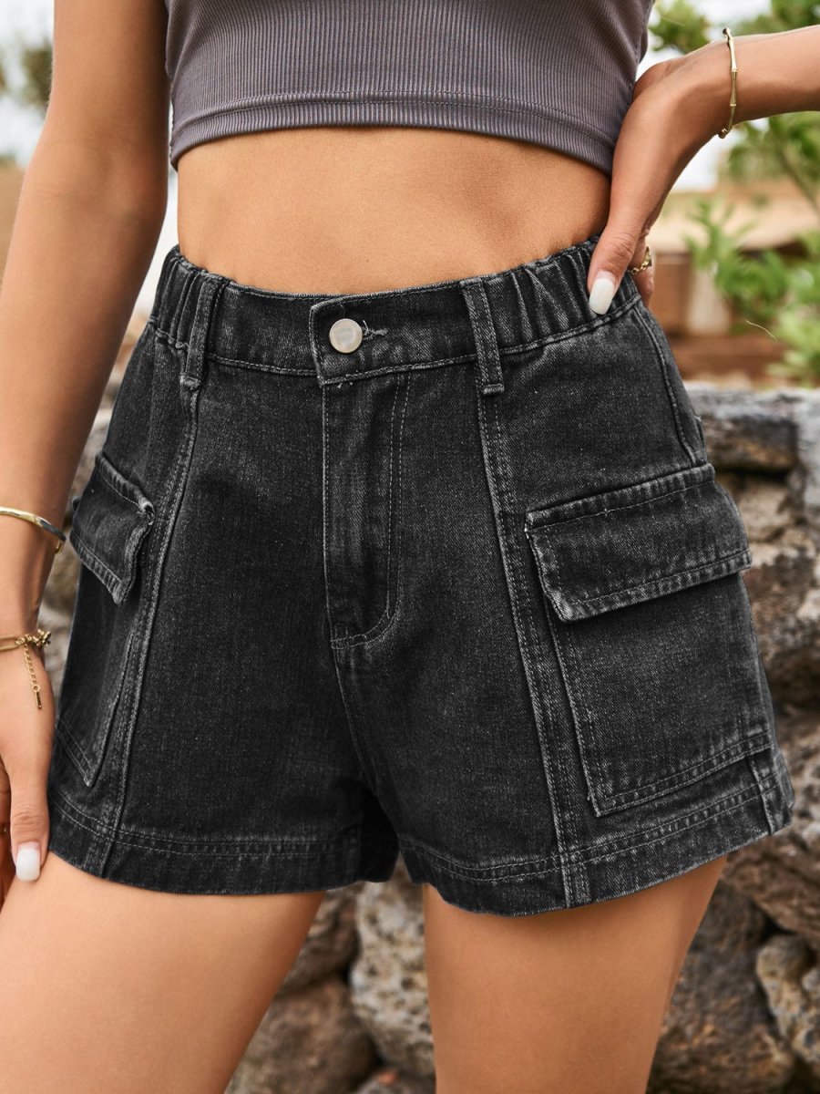 High Waist Denim Shorts with Pockets - Bottoms
