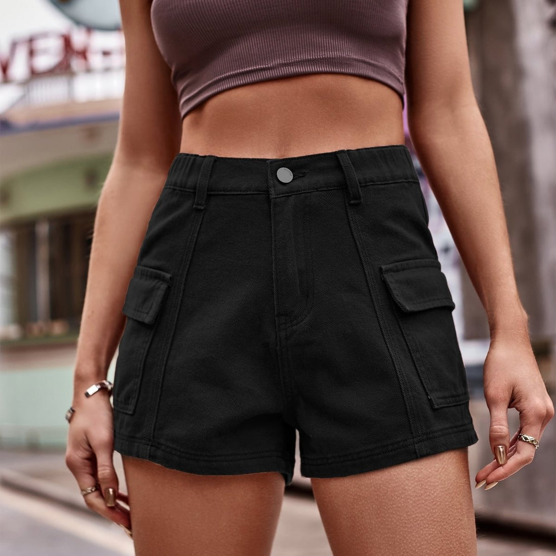 High - Waist Denim Shorts with Pockets - Bottoms