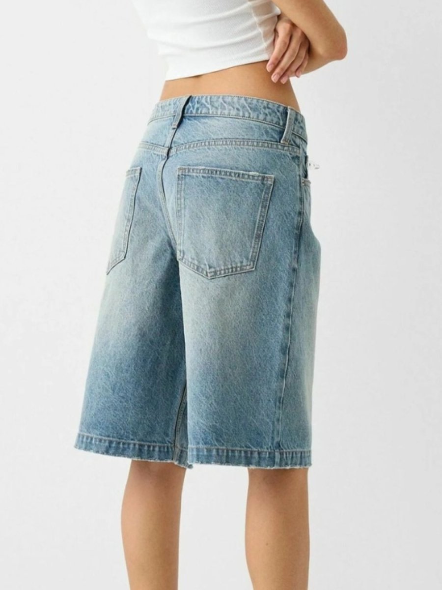 High Waist Denim Shorts with Pockets - Bottoms