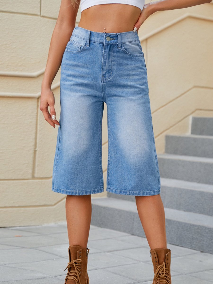 High Waist Denim Shorts with Pockets - Bottoms