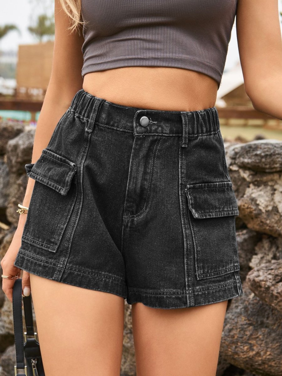 High Waist Denim Shorts with Pockets - Bottoms