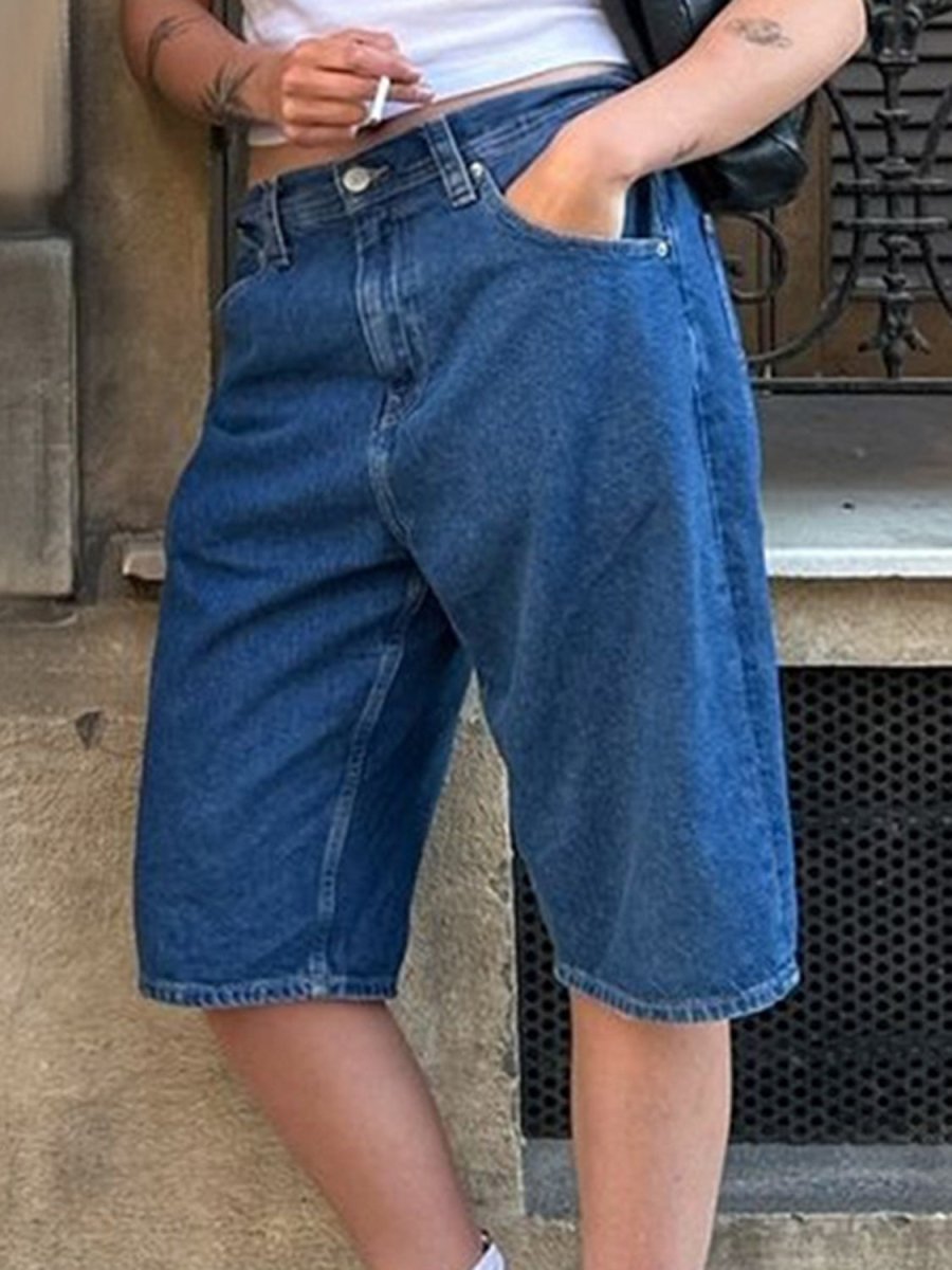High Waist Denim Shorts with Pockets - Bottoms
