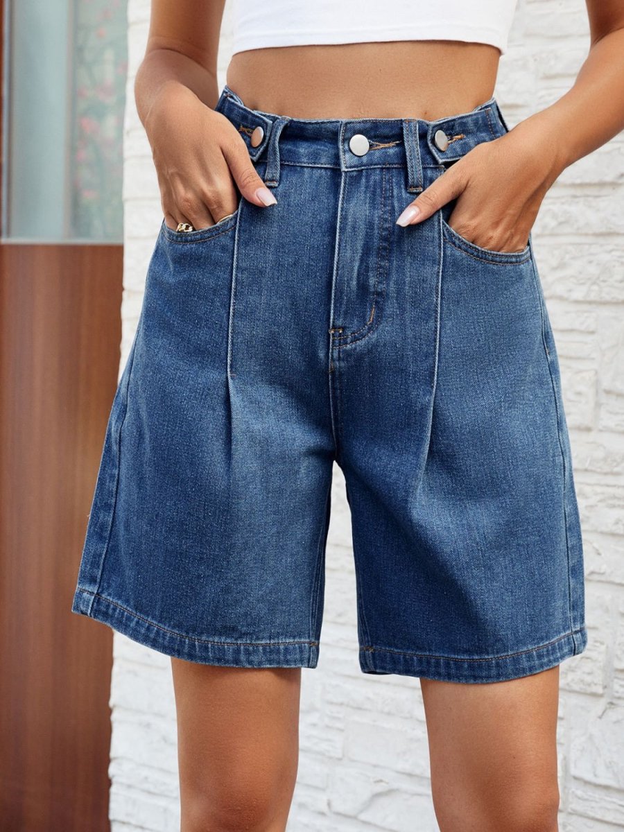 High Waist Denim Shorts with Pockets - Bottoms