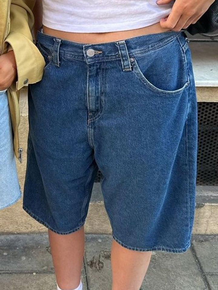 High Waist Denim Shorts with Pockets - Bottoms
