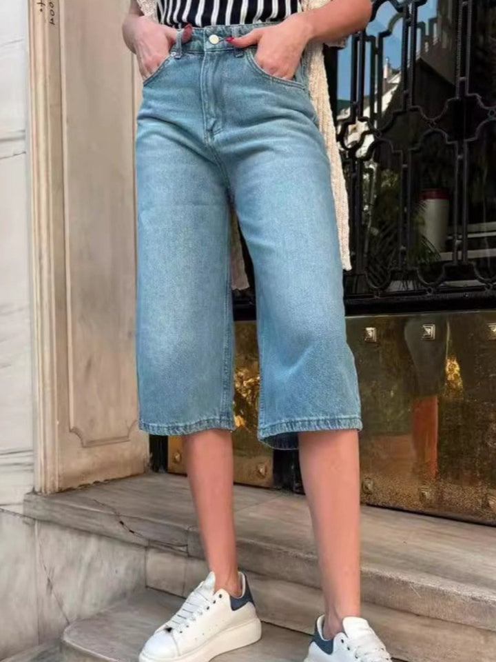 High Waist Denim Shorts with Pockets - Bottoms