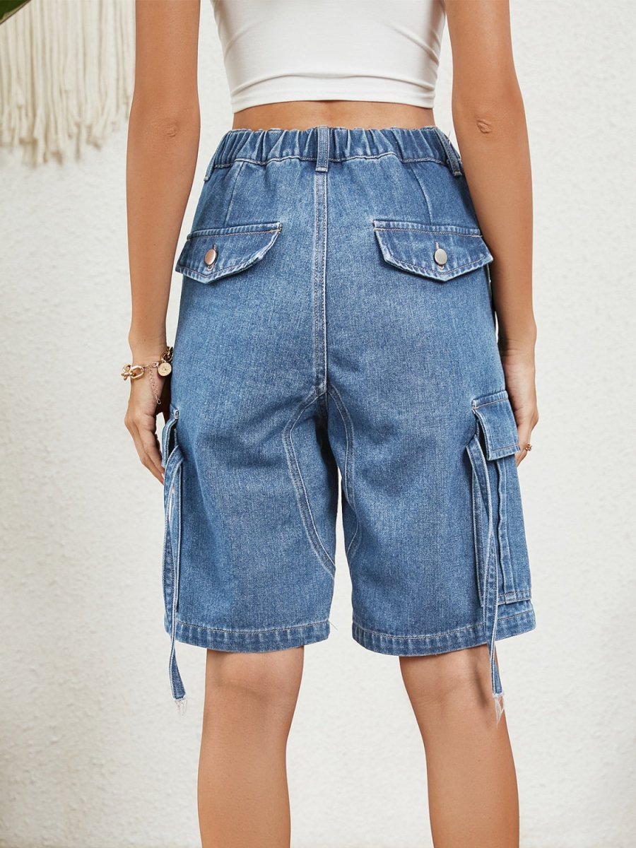 High Waist Denim Shorts with Pockets - Bottoms