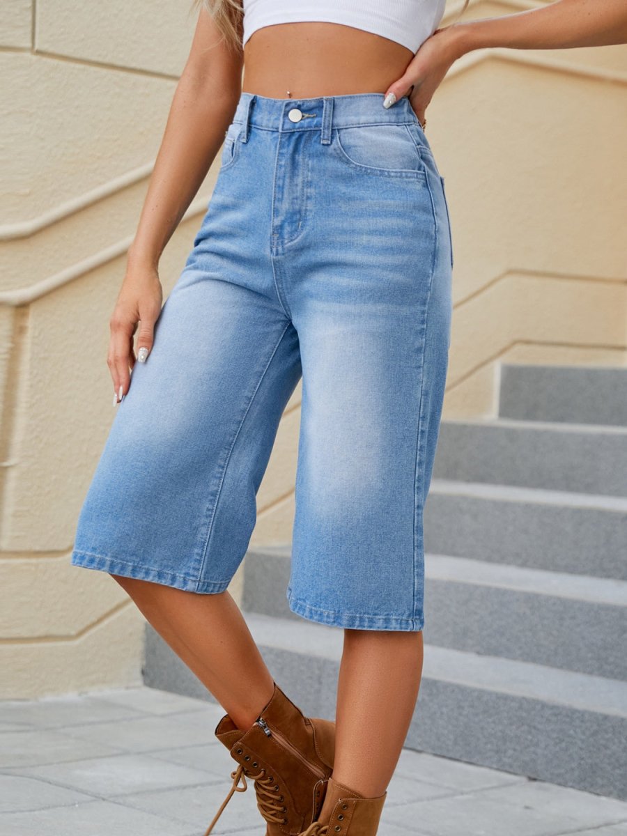 High Waist Denim Shorts with Pockets - Bottoms