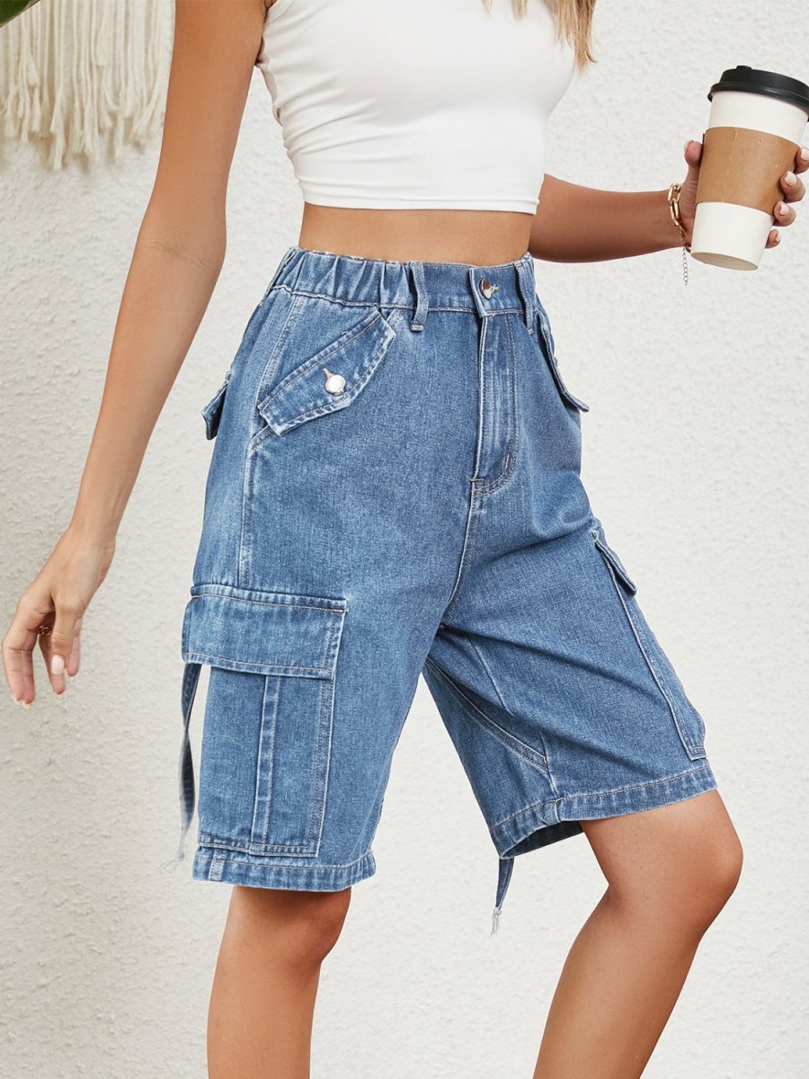 High Waist Denim Shorts with Pockets - Bottoms