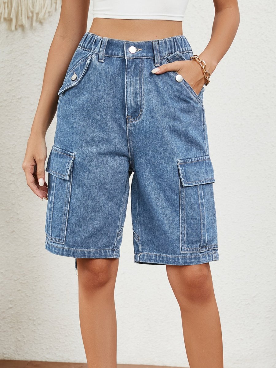 High Waist Denim Shorts with Pockets - Bottoms