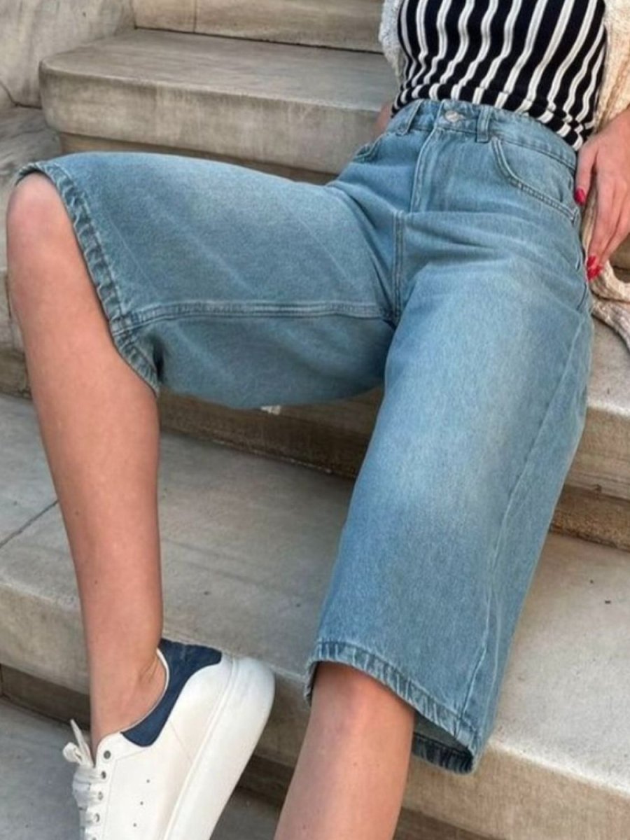 High Waist Denim Shorts with Pockets - Bottoms
