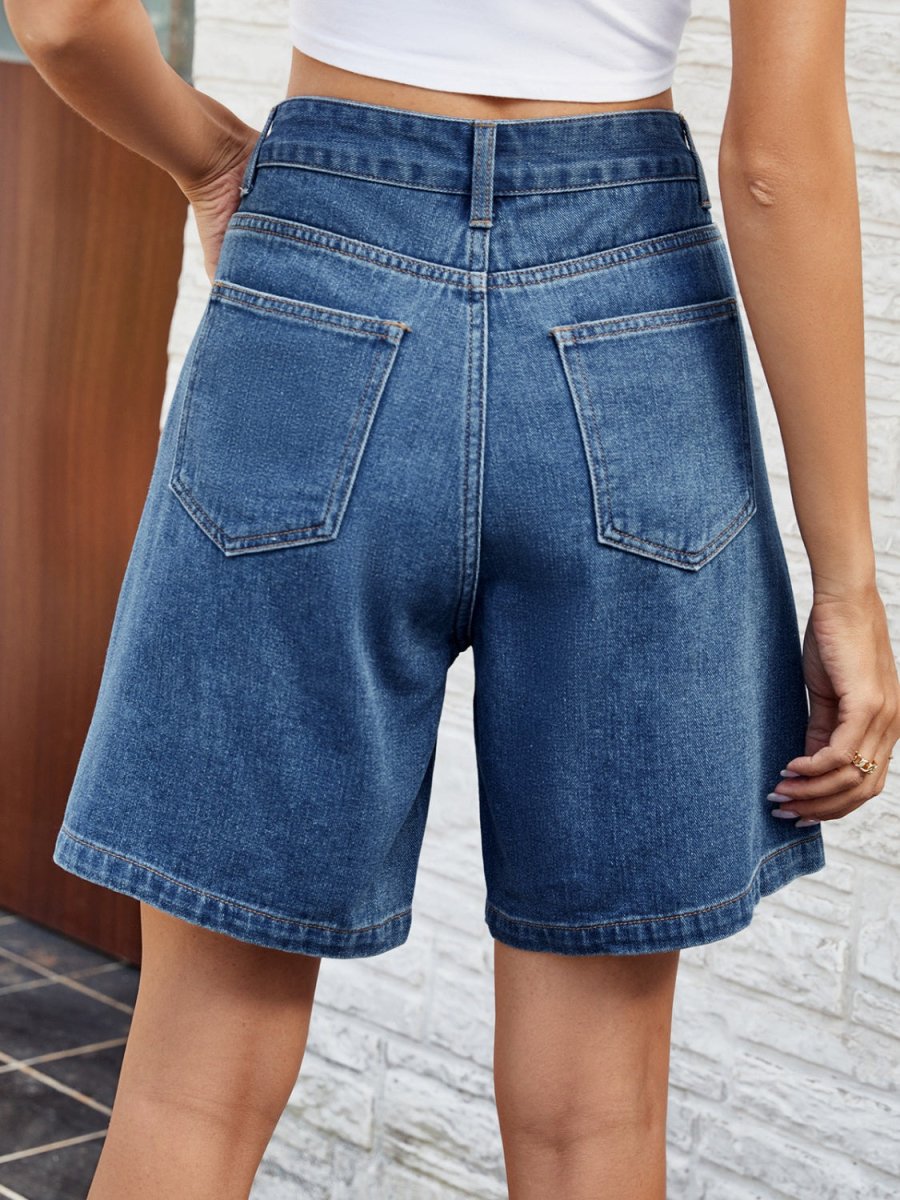 High Waist Denim Shorts with Pockets - Bottoms