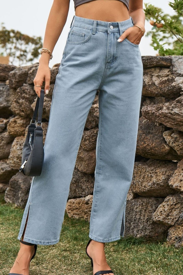 High Waist Loose Fit Ankle Slit Jeans - Bottoms