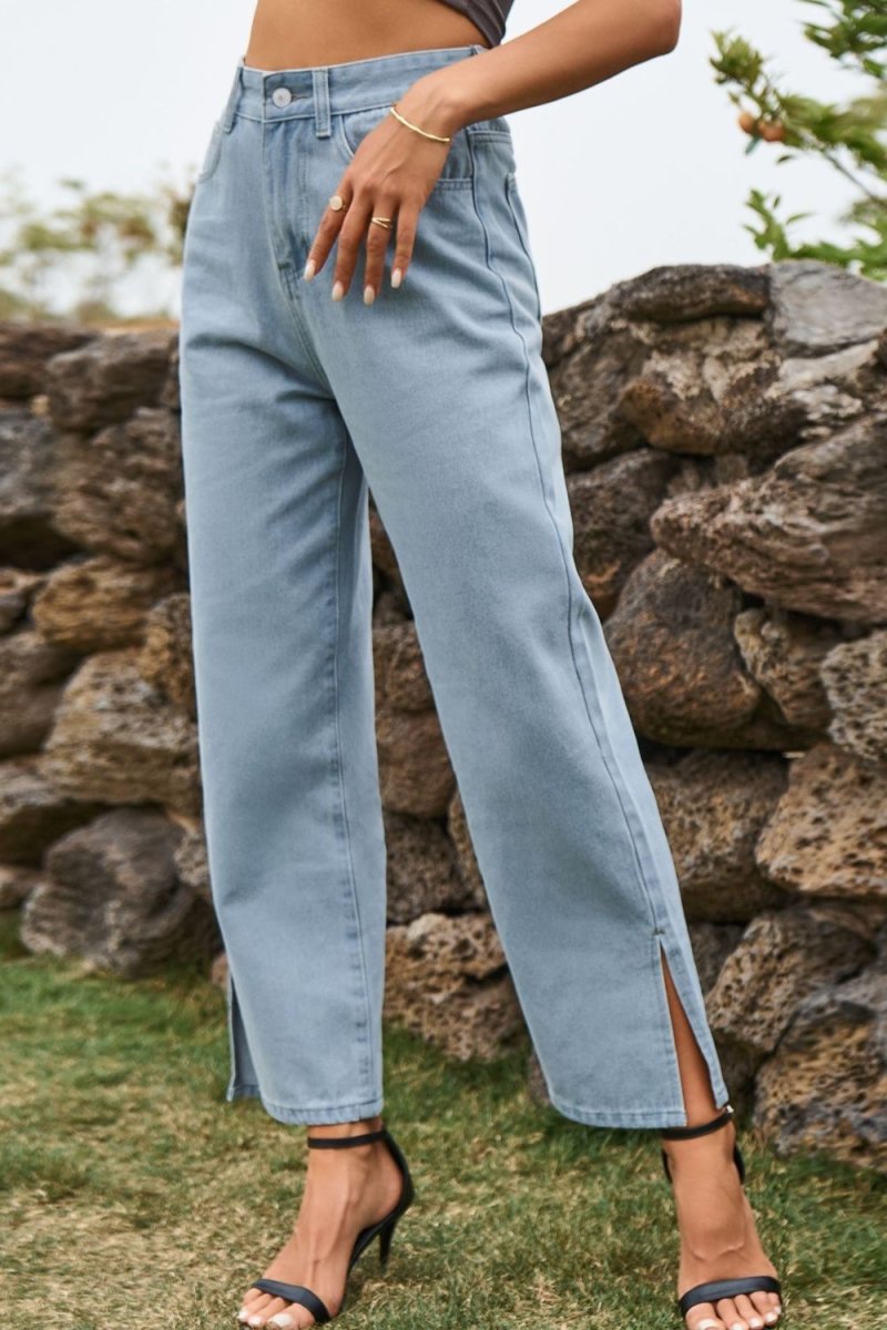High Waist Loose Fit Ankle Slit Jeans - Bottoms