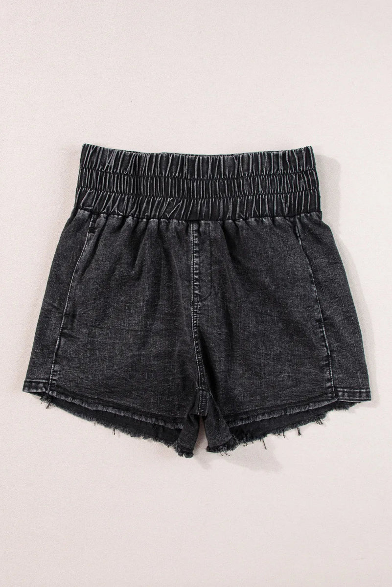 High Waist Raw Hem Denim Shorts - Bottoms