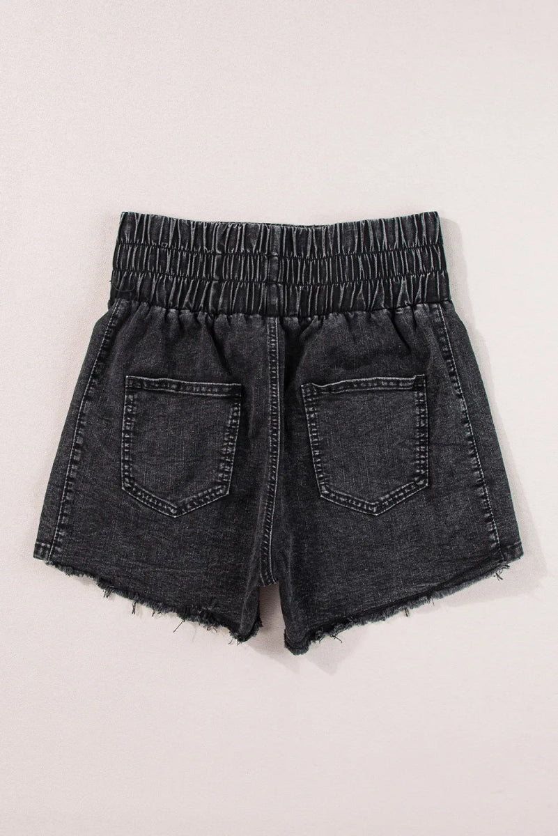 High Waist Raw Hem Denim Shorts - Bottoms