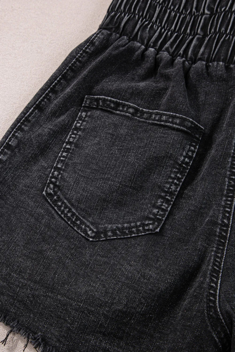 High Waist Raw Hem Denim Shorts - Bottoms