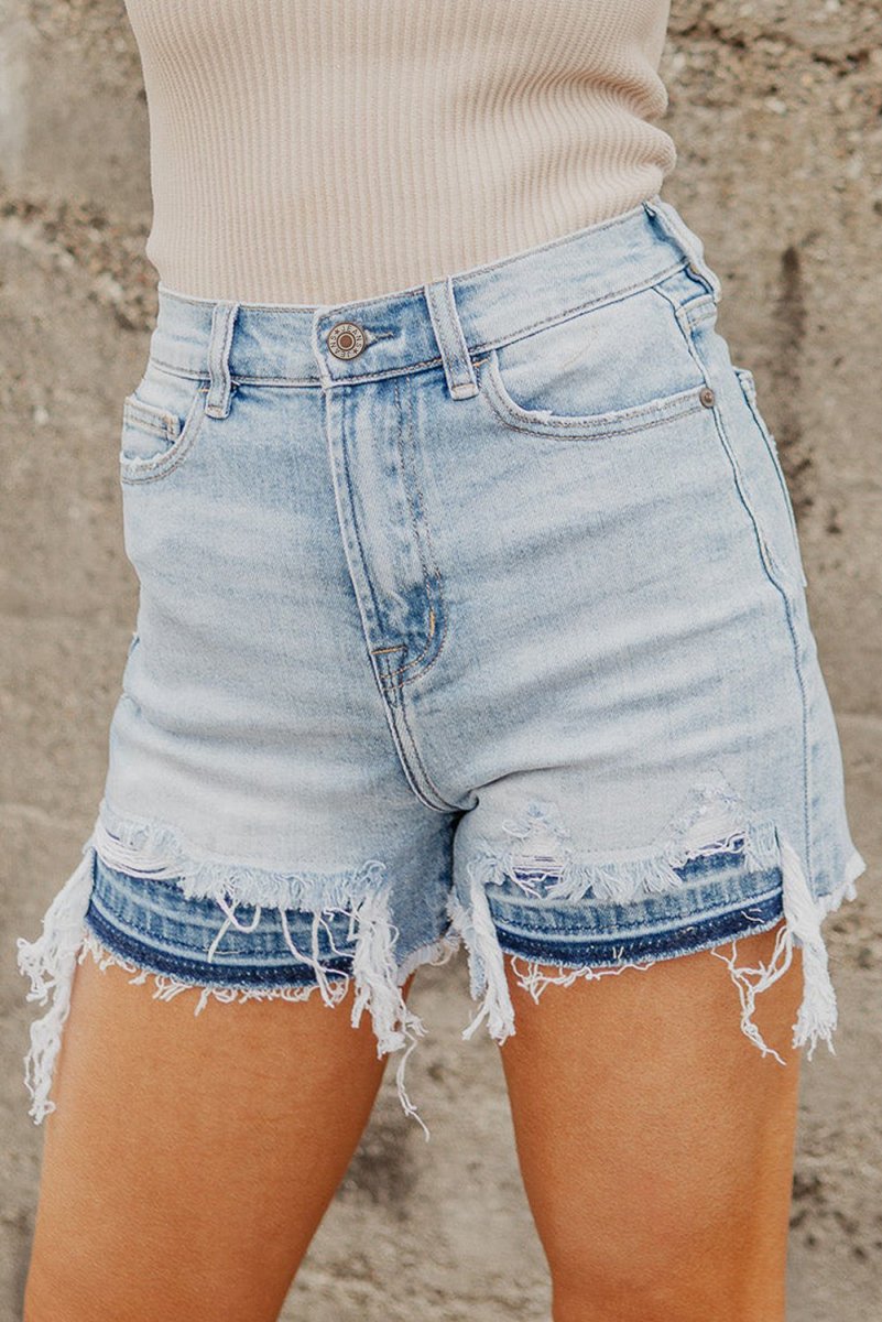 High Waist Raw Hem Denim Shorts - Bottoms