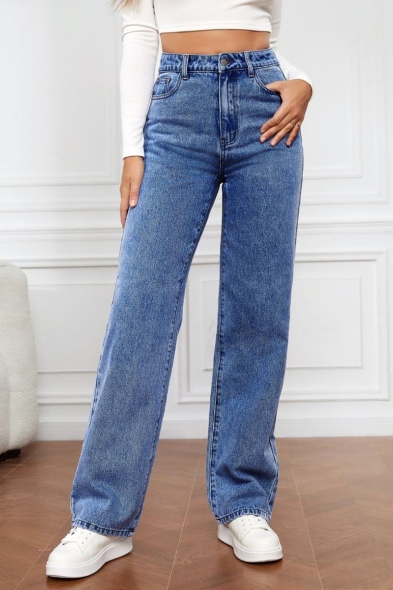 High Waist Straight Jeans - Bottoms