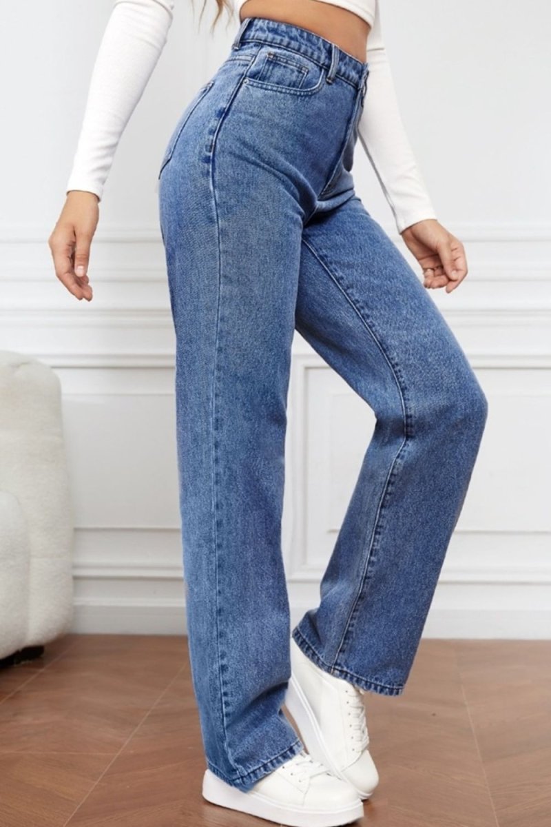 High Waist Straight Jeans - Bottoms