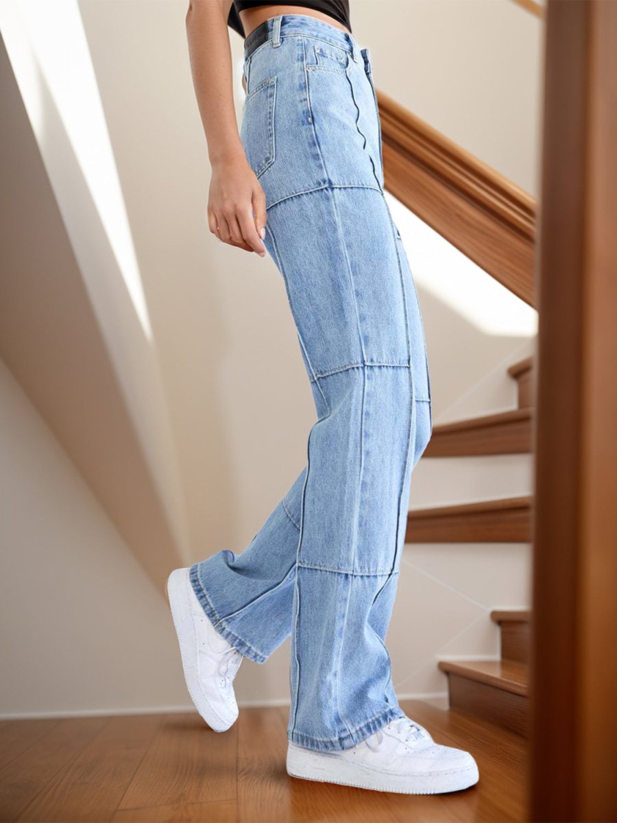 High Waist Straight Jeans with Pockets - Bottoms