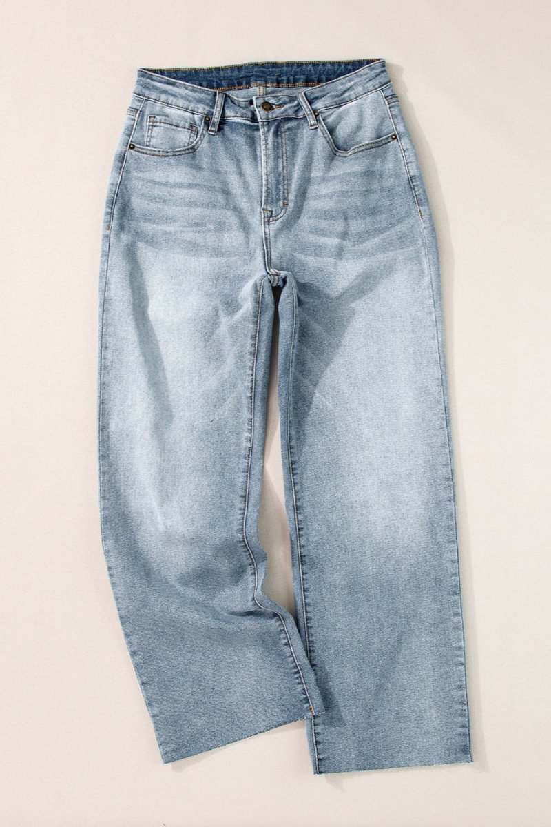 High Waist Straight Jeans with Pockets - Bottoms