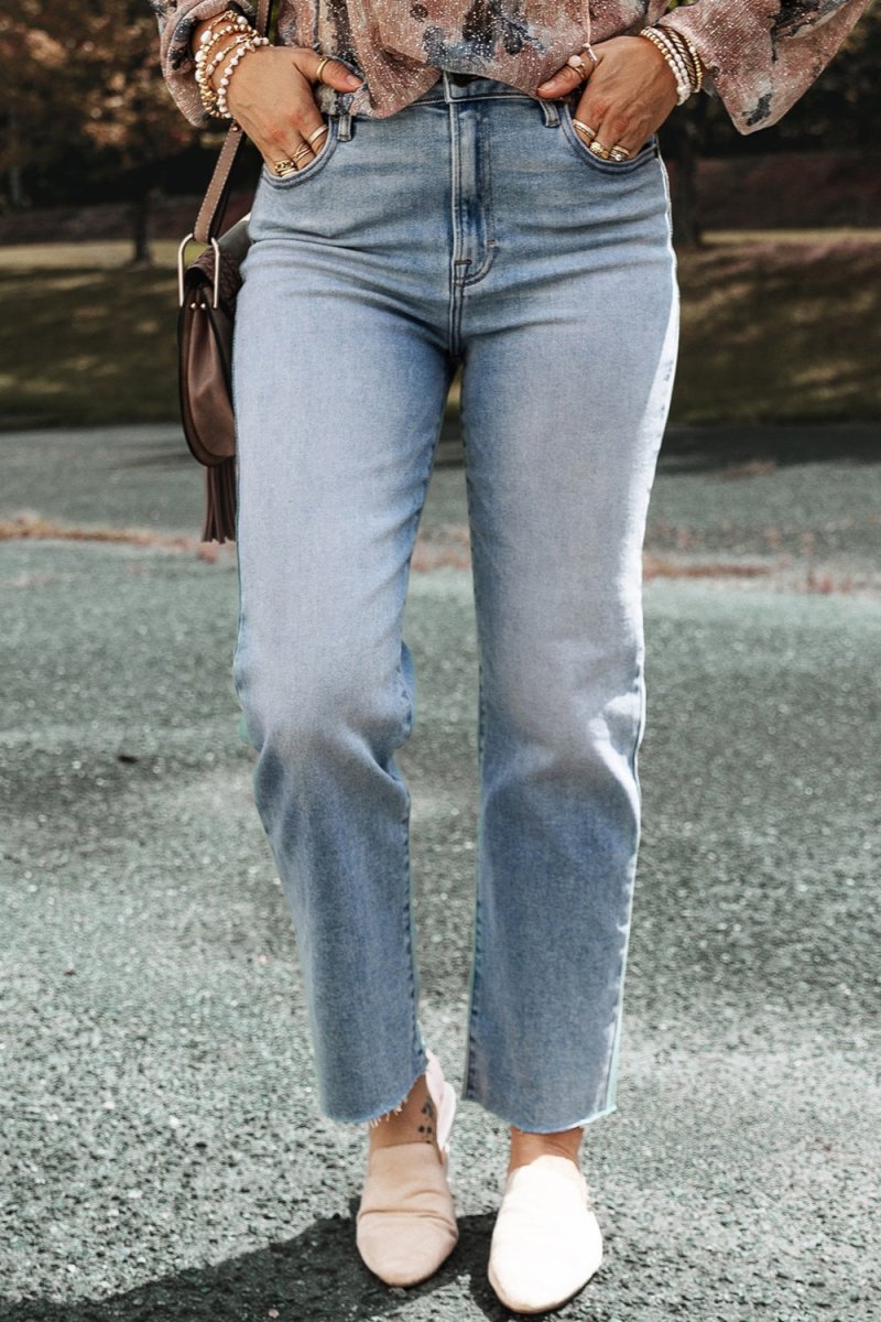 High Waist Straight Jeans with Pockets - Bottoms