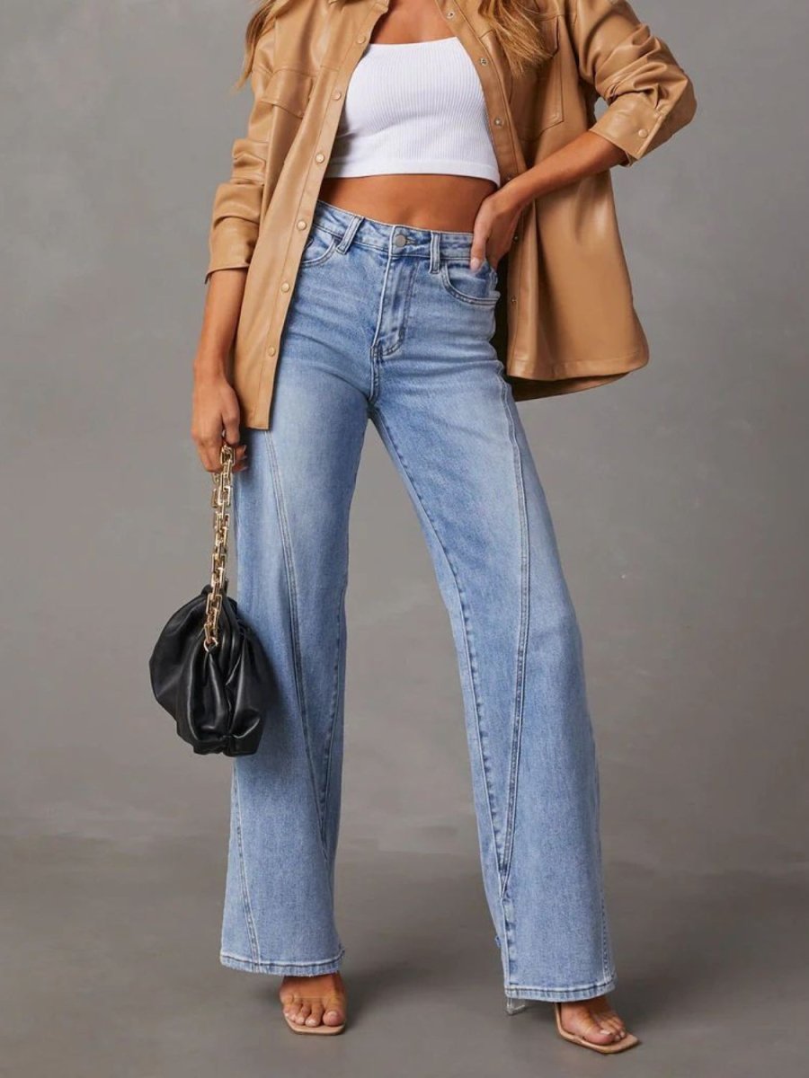 High Waist Straight Jeans with Pockets - Bottoms
