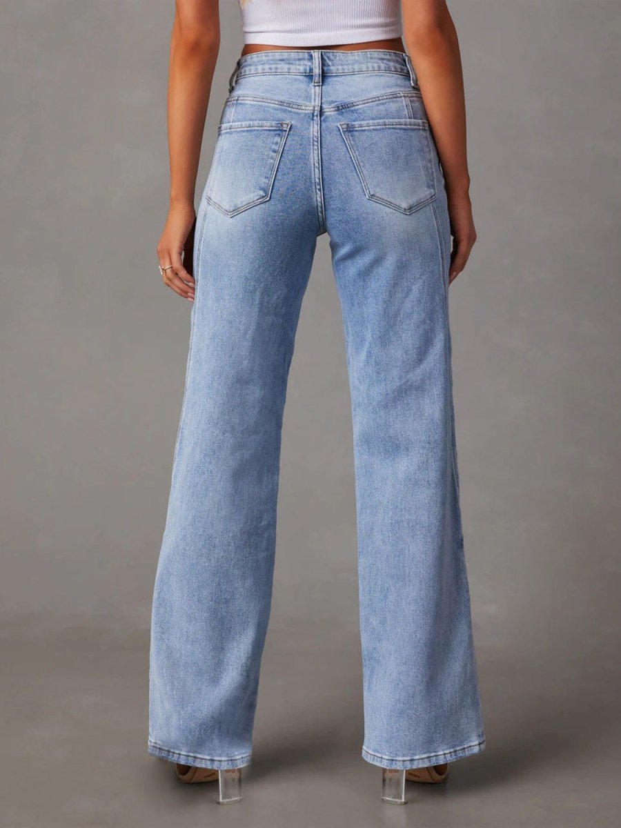 High Waist Straight Jeans with Pockets - Bottoms
