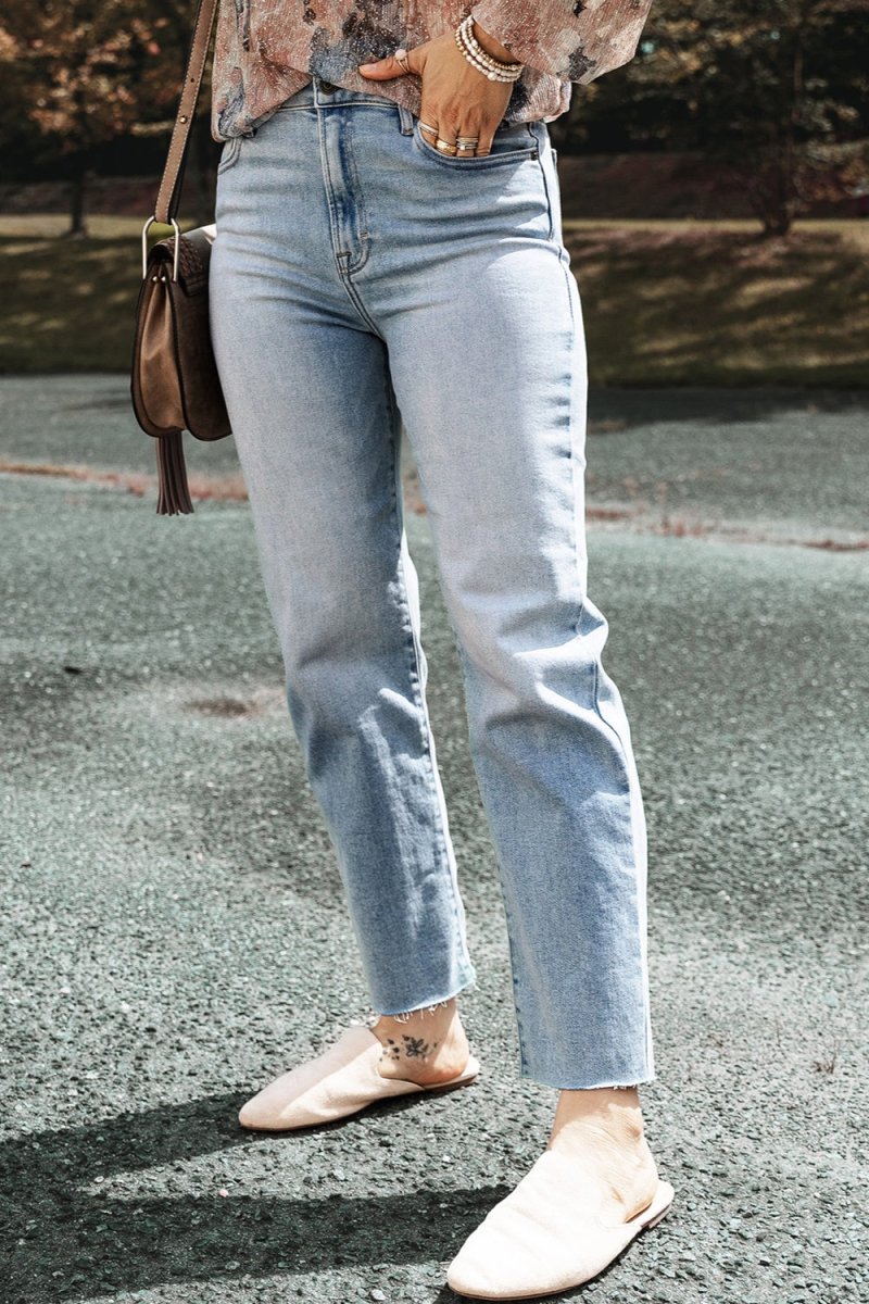 High Waist Straight Jeans with Pockets - Bottoms