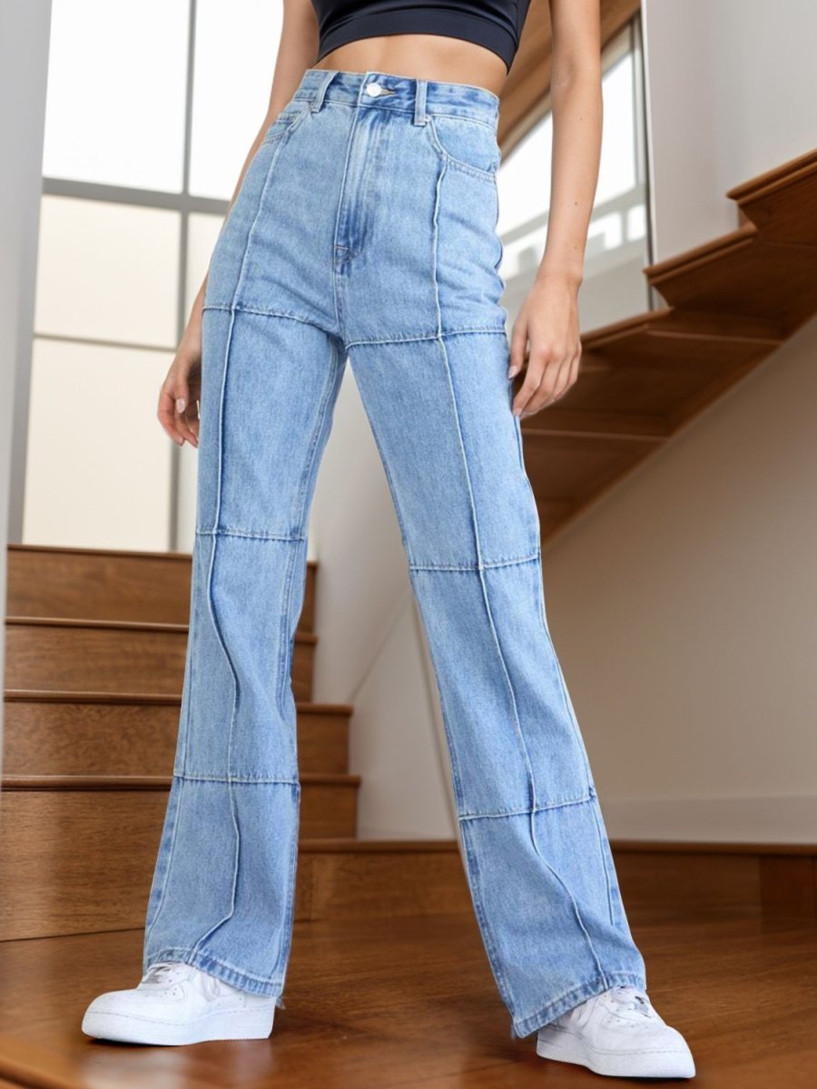 High Waist Straight Jeans with Pockets - Bottoms
