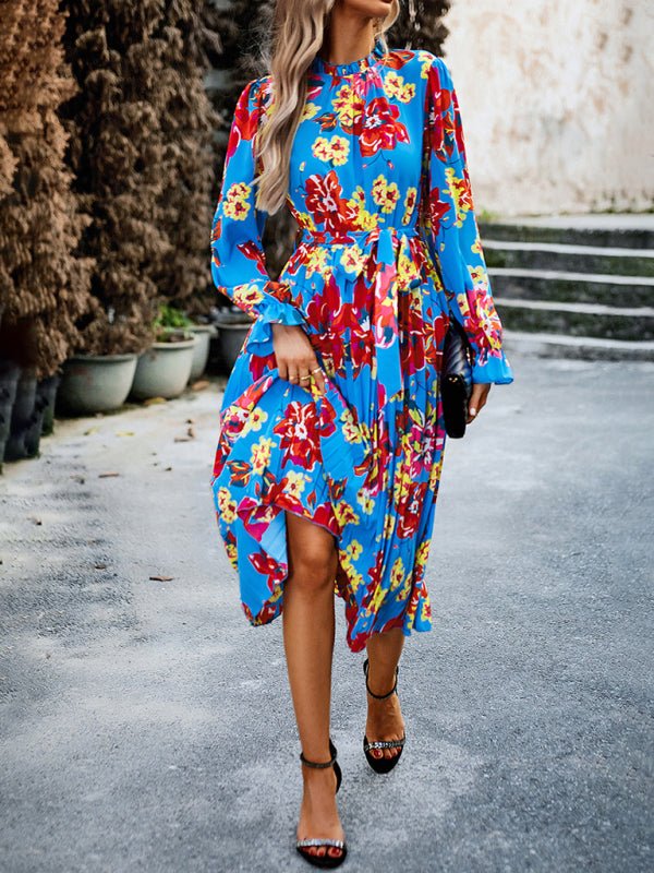 Holiday casual round neck pleated belt printed dress - Vacation Dress