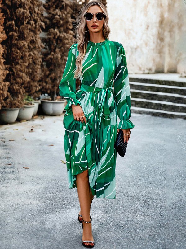 Holiday casual round neck pleated belt printed dress - Vacation Dress