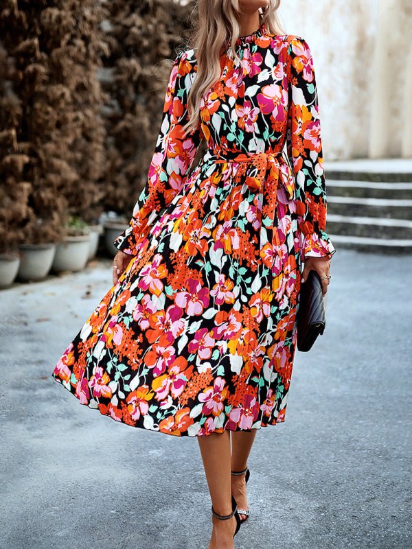 Holiday casual round neck pleated belt printed dress - Vacation Dress