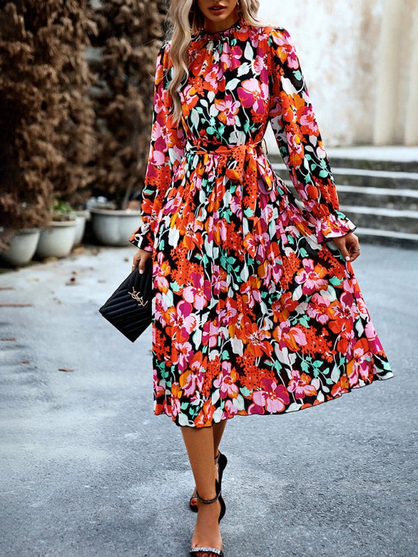 Holiday casual round neck pleated belt printed dress - Vacation Dress