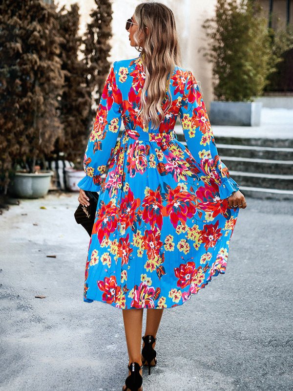 Holiday casual round neck pleated belt printed dress - Vacation Dress