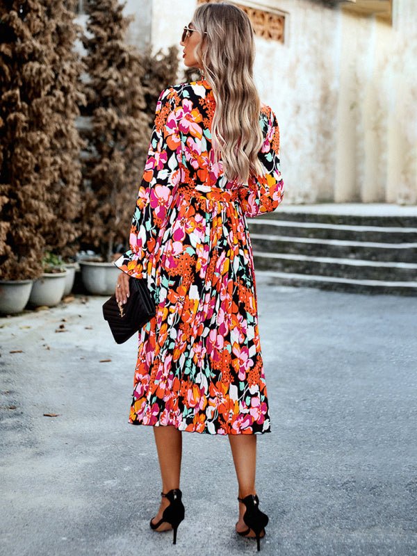 Holiday casual round neck pleated belt printed dress - Vacation Dress