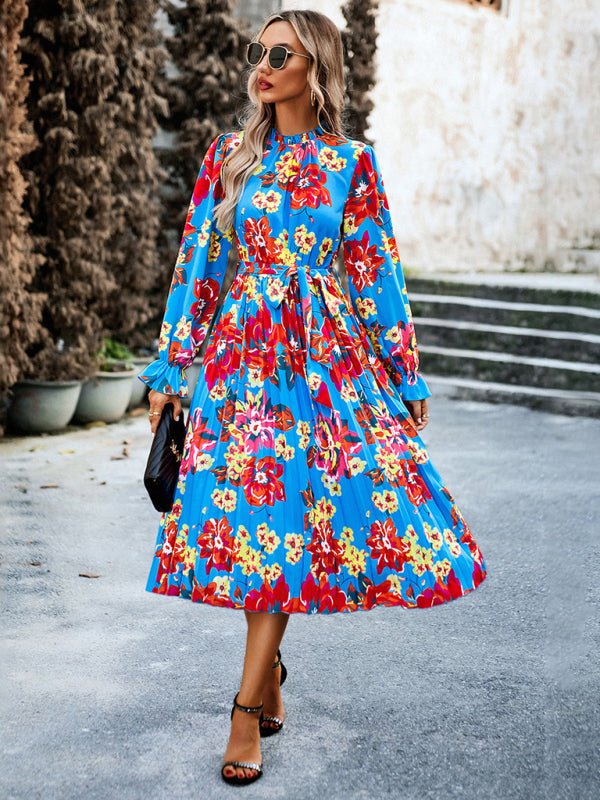 Holiday casual round neck pleated belt printed dress - Vacation Dress