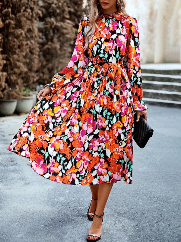 Holiday casual round neck pleated belt printed dress - Vacation Dress