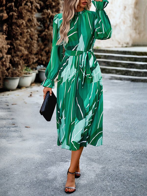 Holiday casual round neck pleated belt printed dress - Vacation Dress