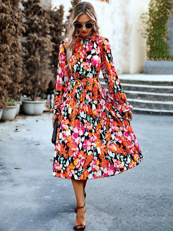 Holiday casual round neck pleated belt printed dress - Vacation Dress