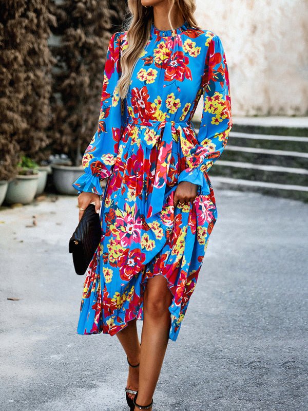 Holiday casual round neck pleated belt printed dress - Vacation Dress