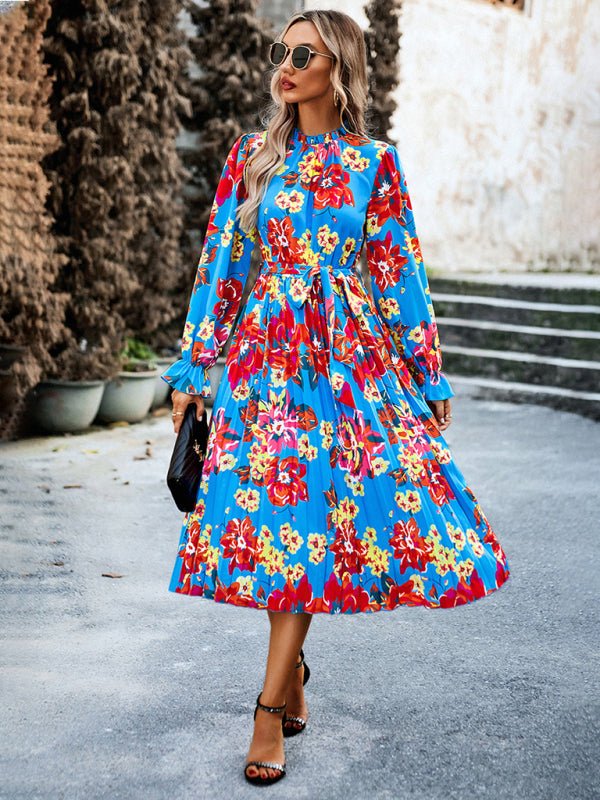 Holiday casual round neck pleated belt printed dress - Vacation Dress