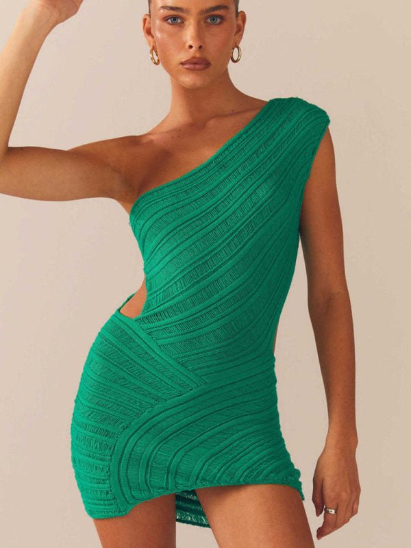 Hollow sexy tight short skirt with hollowed waist and one shoulder patchwork dress - Party Dress