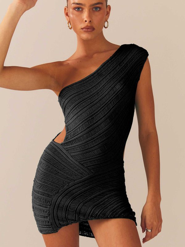 Hollow sexy tight short skirt with hollowed waist and one shoulder patchwork dress - Party Dress