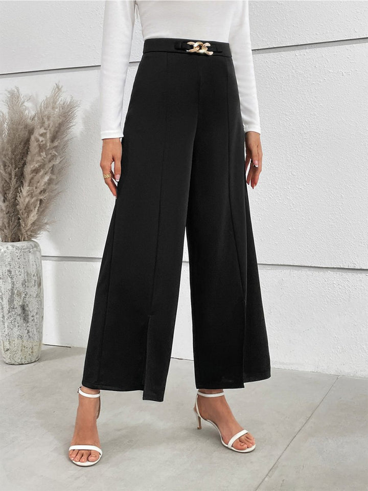 Honey Chain Detail Slit Straight Pants - Bottoms