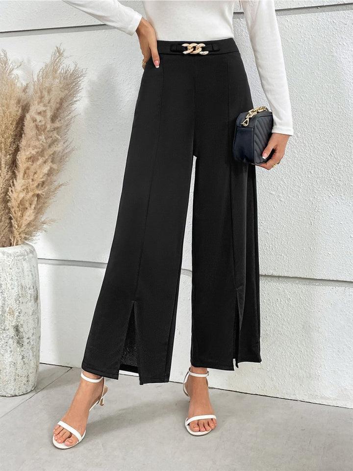 Honey Chain Detail Slit Straight Pants - Bottoms