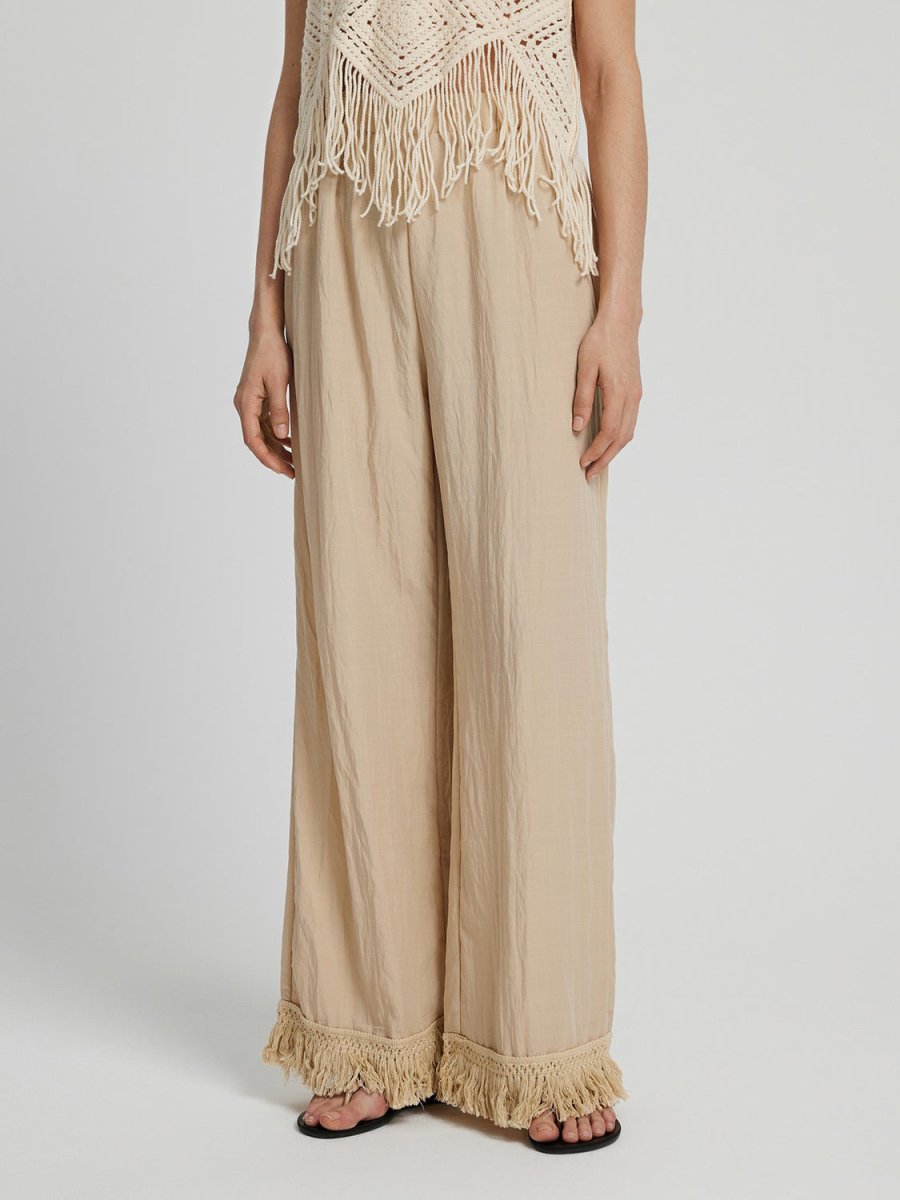 Honey Fringe Hem Wide Leg Long Pants - Bottoms